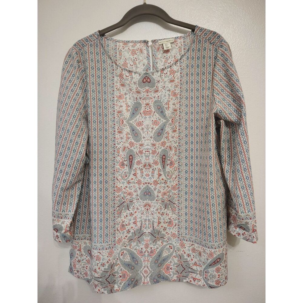 Mercer & Madison Boho Paisley Floral Blouse Tunic Blue Coral Size Large - Picture 2 of 7